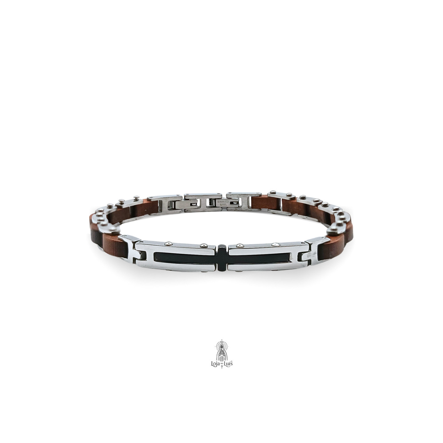 Pulseira com Cruz em Madeira e Aço