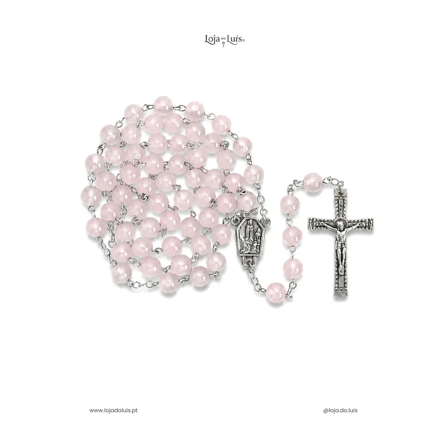 Terço Fátima, Prateado, 8mm - Quartzo Rosa