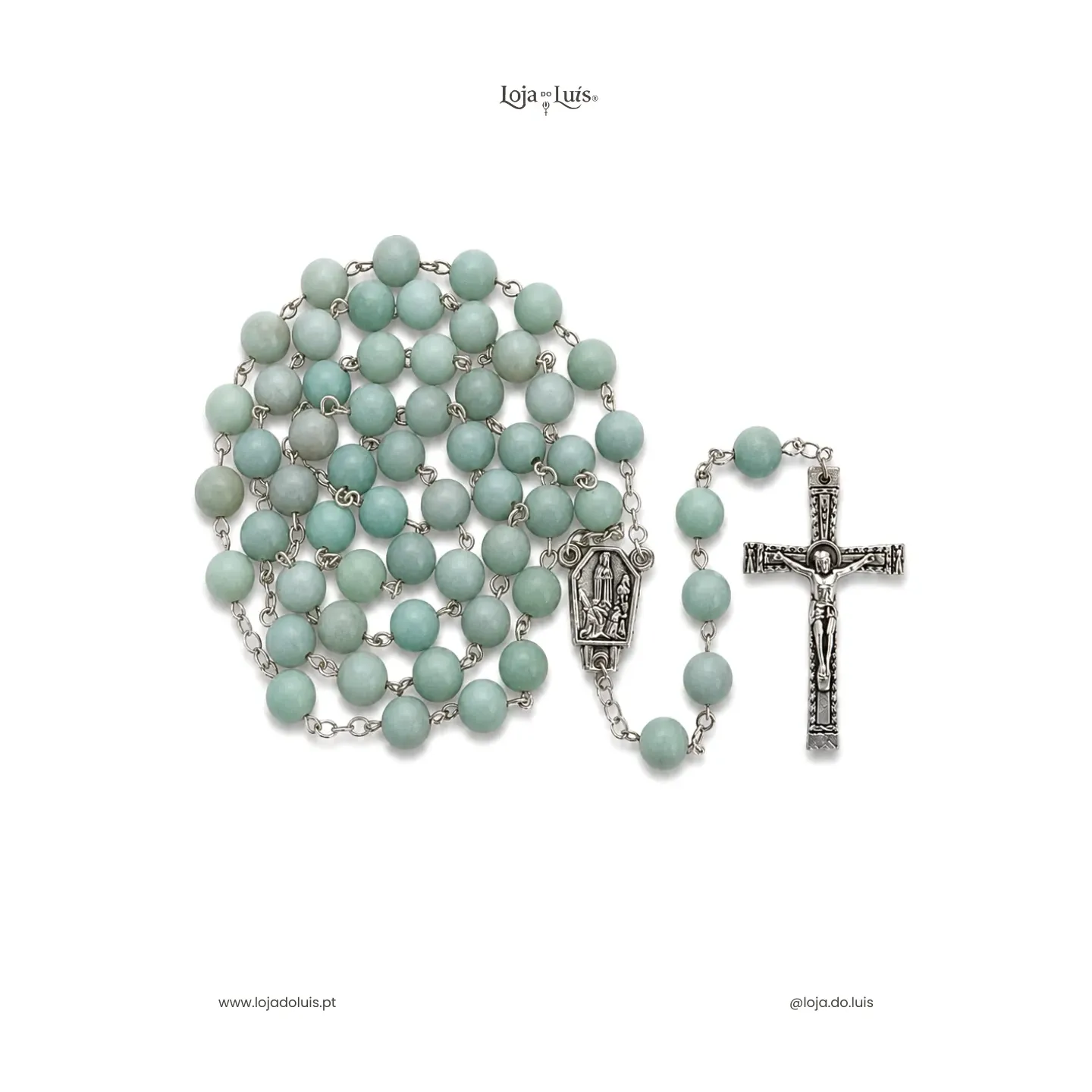 Terço Fátima, Prateado, 8mm - Amazonite Fosca