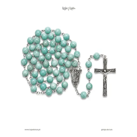 Terço Fátima, Prateado, 8mm - Amazonite Polida