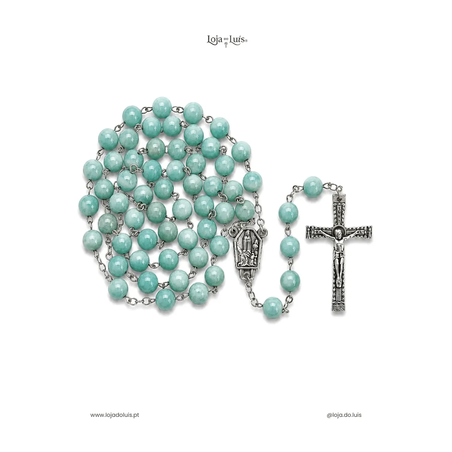 Terço Fátima, Prateado, 8mm - Amazonite Polida