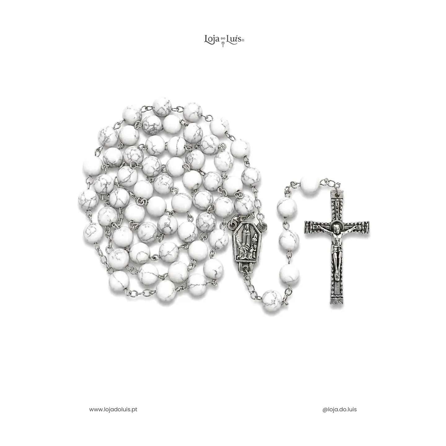 Terço Fátima, Prateado, 8mm - Howlite