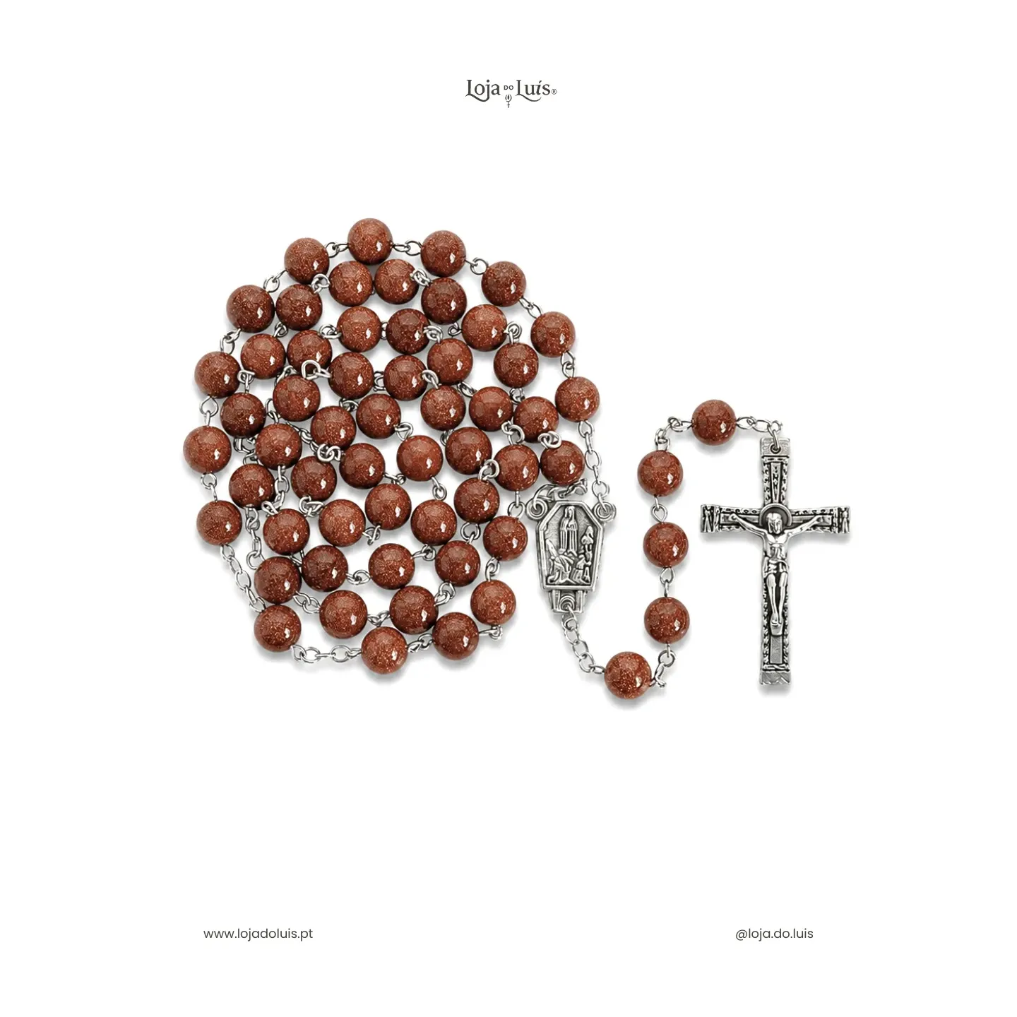 Terço Fátima, Prateado, 8mm - Pedra do Sol (Goldstone)