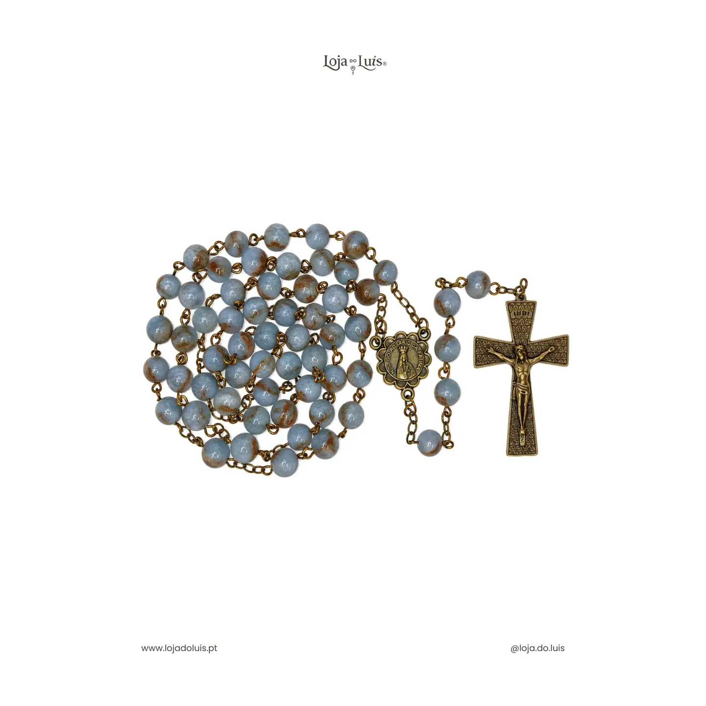 Terço Fátima, Bronze, 8mm - Ágata Lago Azul (Blue Lake)