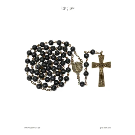 Terço Fátima, Bronze, 8mm - Turmalina Preta