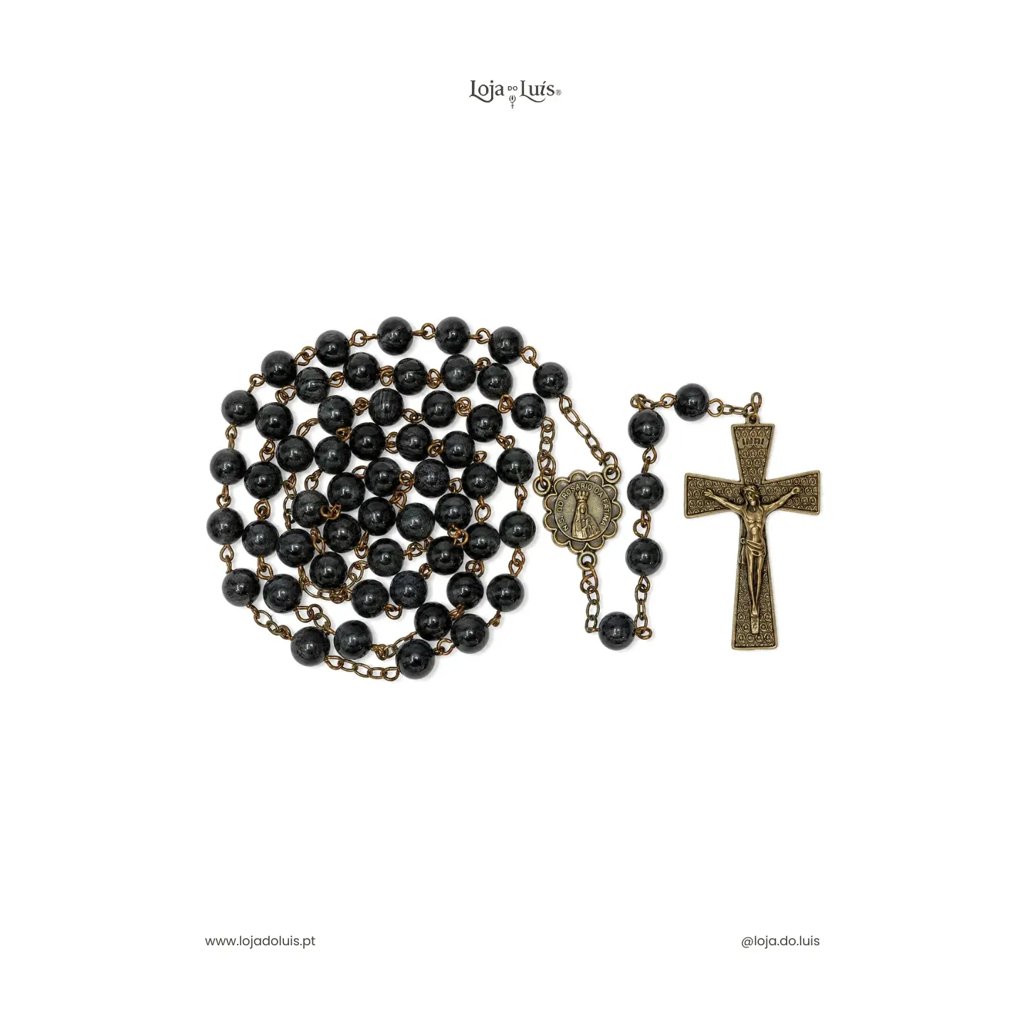 Terço Fátima, Bronze, 8mm - Turmalina Preta