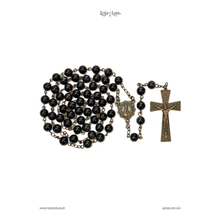 Terço Fátima, Bronze, 8mm - Obsidiana Preta