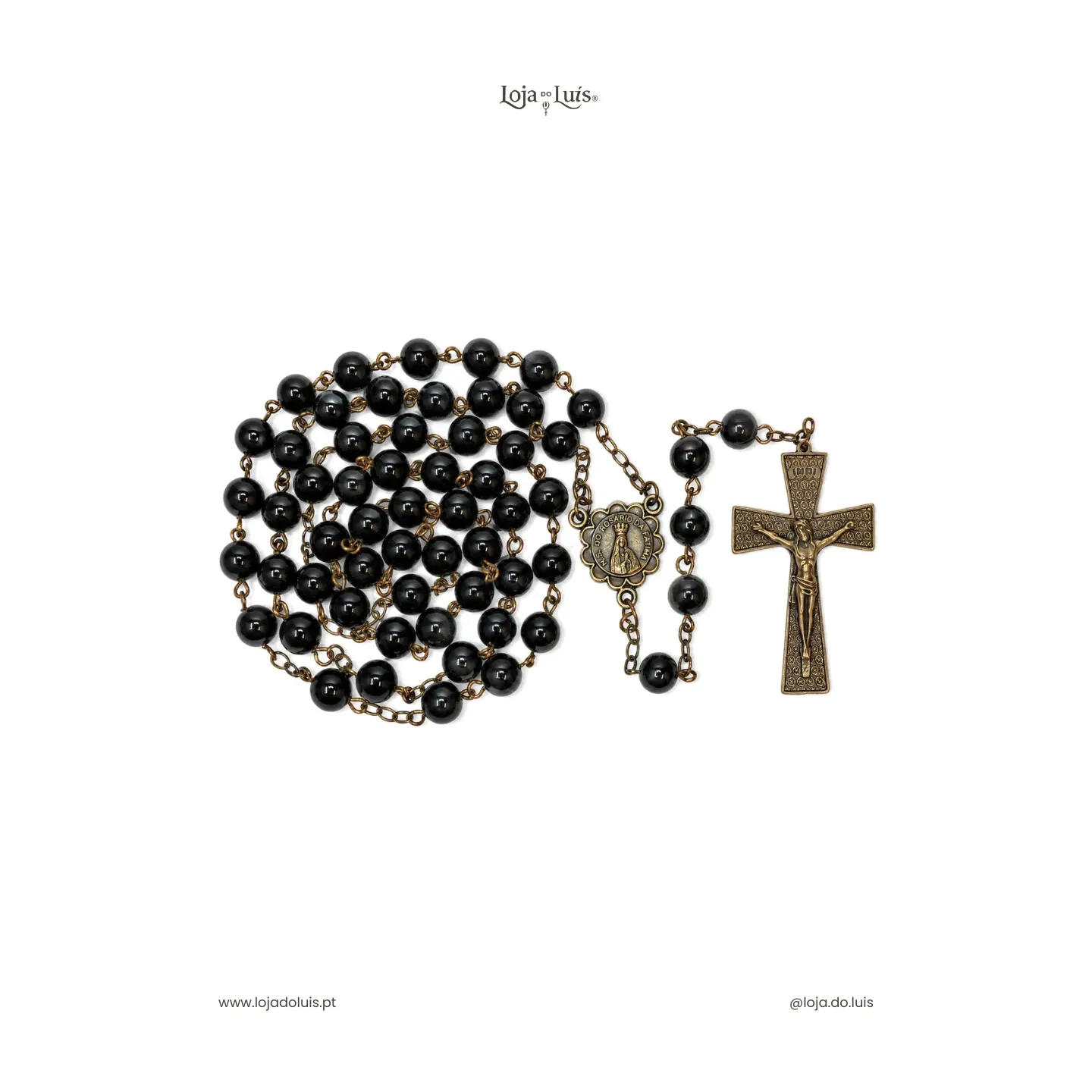 Terço Fátima, Bronze, 8mm - Obsidiana Preta