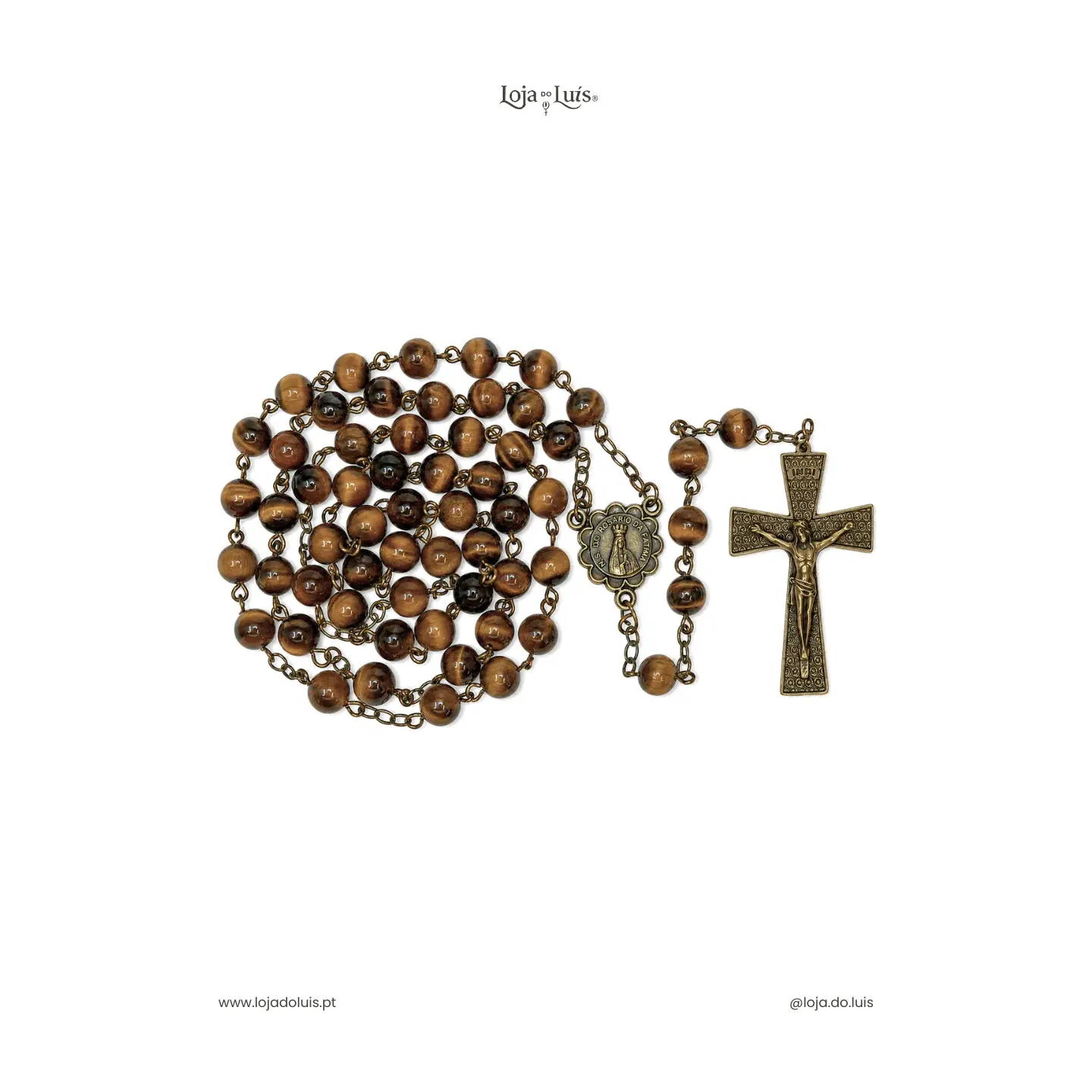 Terço Fátima, Bronze, 8mm - Olho de Tigre
