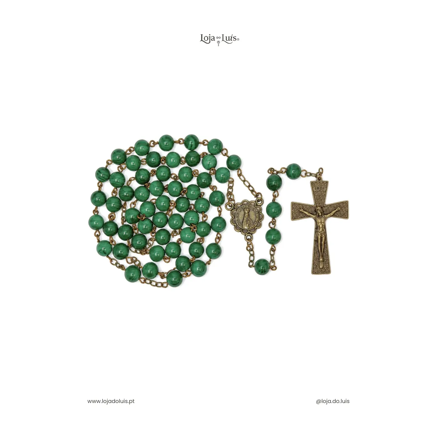 Terço Fátima, Bronze, 8mm - Malaquite (sintético)